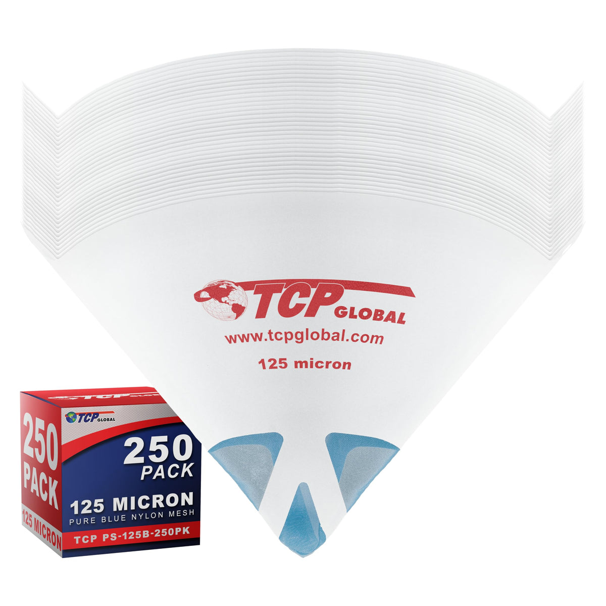 TCP Global 125-micron filter tip close-up with ultra-fine blue nylon mesh
