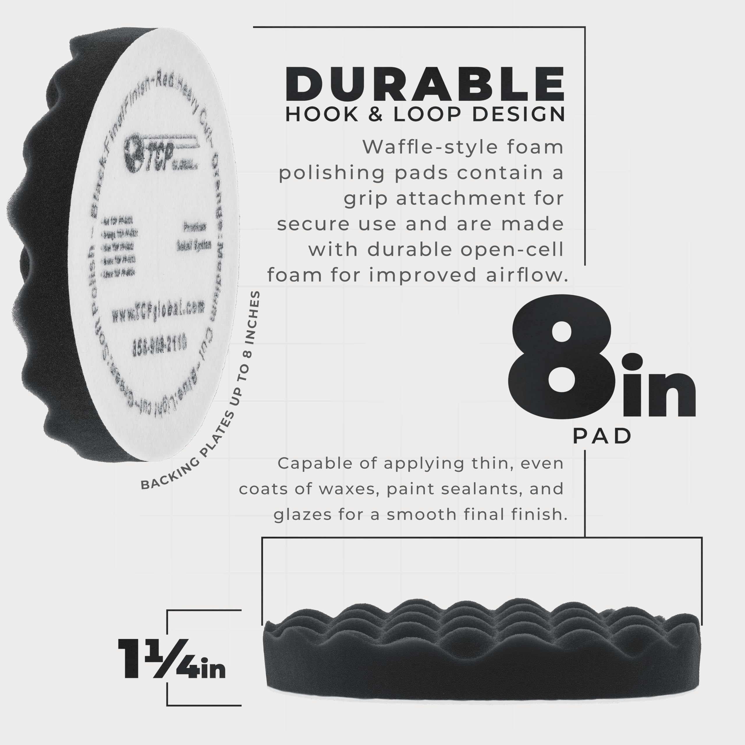 TCP Global 8-inch waffle pad front view ready for polishing tasks.