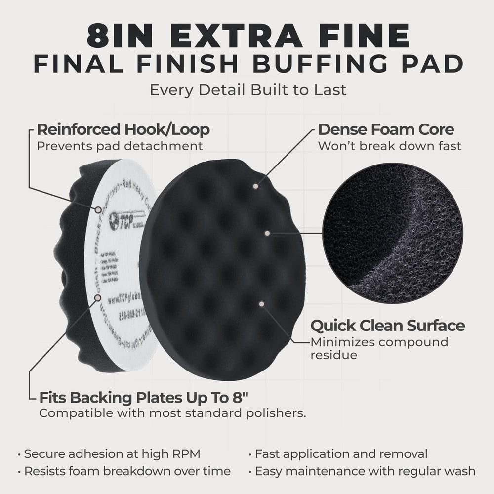 TCP Global 8-inch waffle pad hook-and-loop back for secure attachment during buffing.