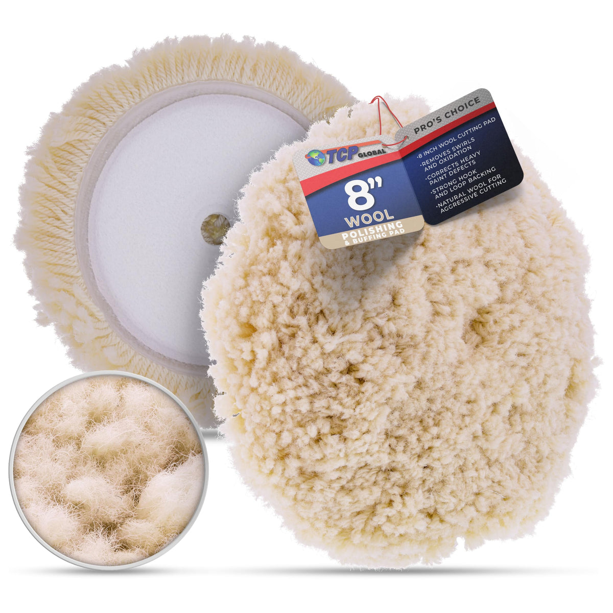 TCP Global 8-Inch Wool Buffing Pad with Hook & Loop backing enables secure attachment.
