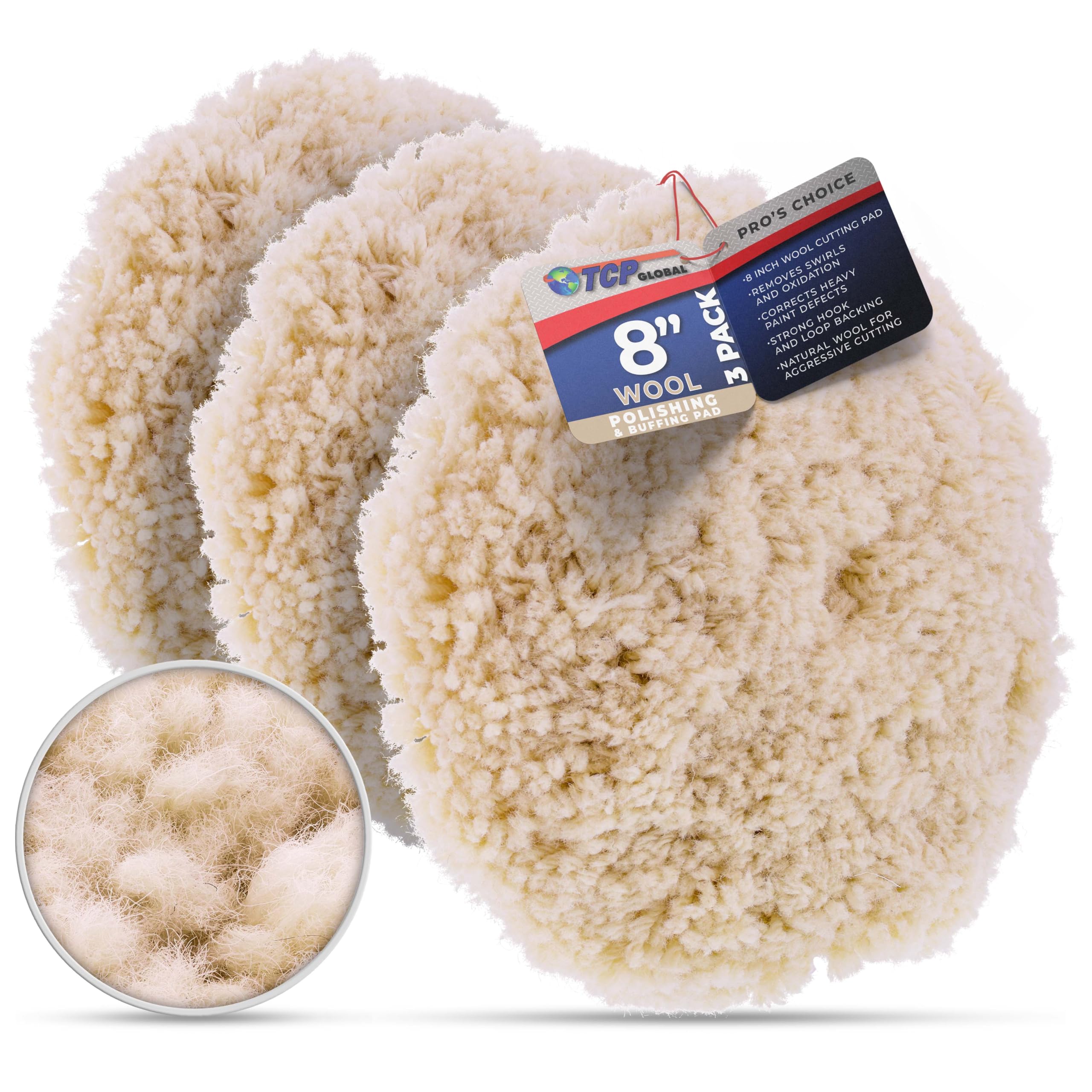 TCP Global 8in wool pad with hook and loop for firm backing plate connection
