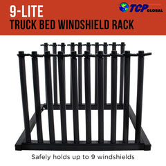 TCP Global 9-Lite windshield rack side mount, illustrating easy in-bed installation