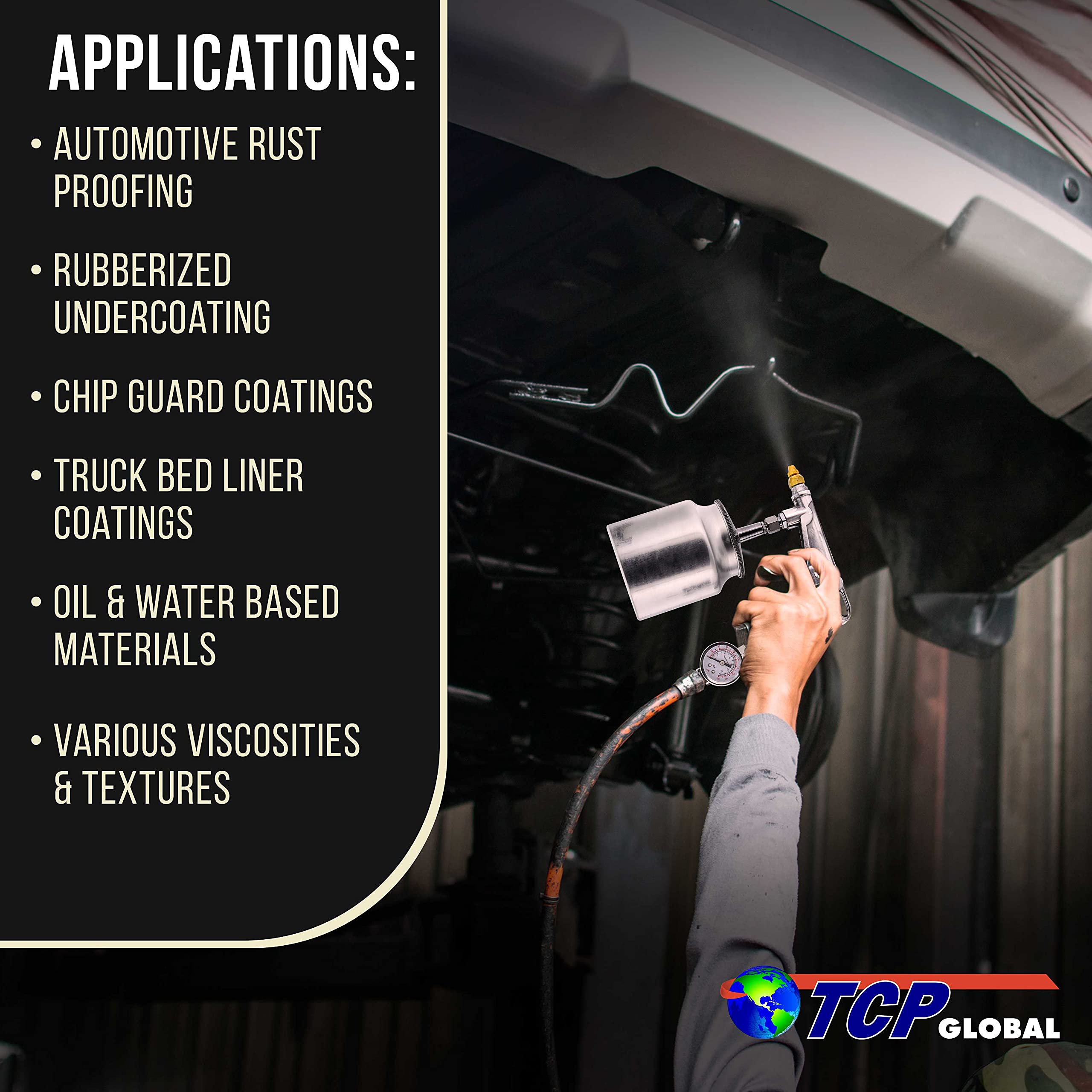 TCP Global aluminum body spray gun with comfortable grip for long sessions.