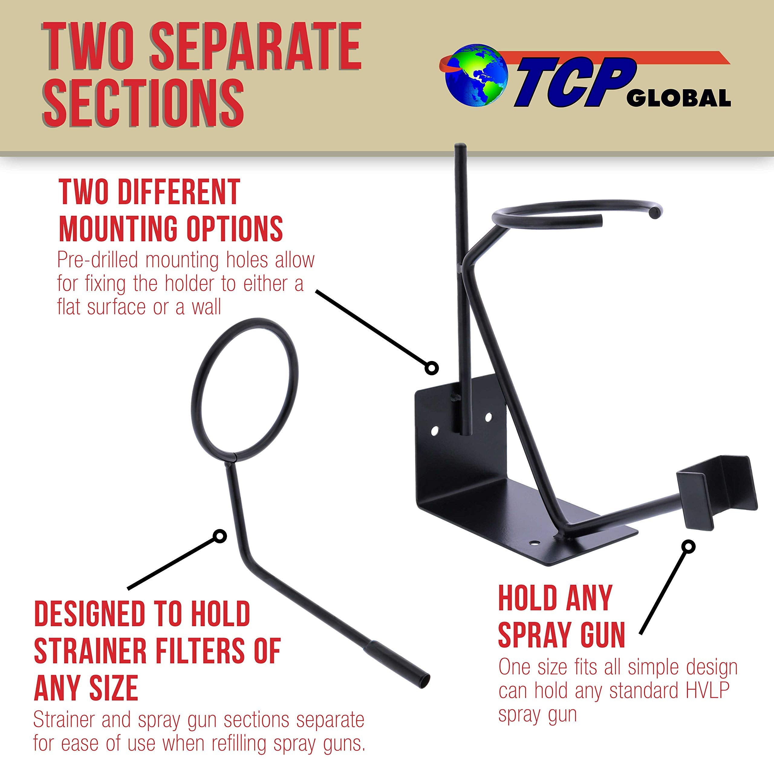 TCP Global gravity-feed paint gun holder detachable-strainer demonstrates quick paint straining convenience.