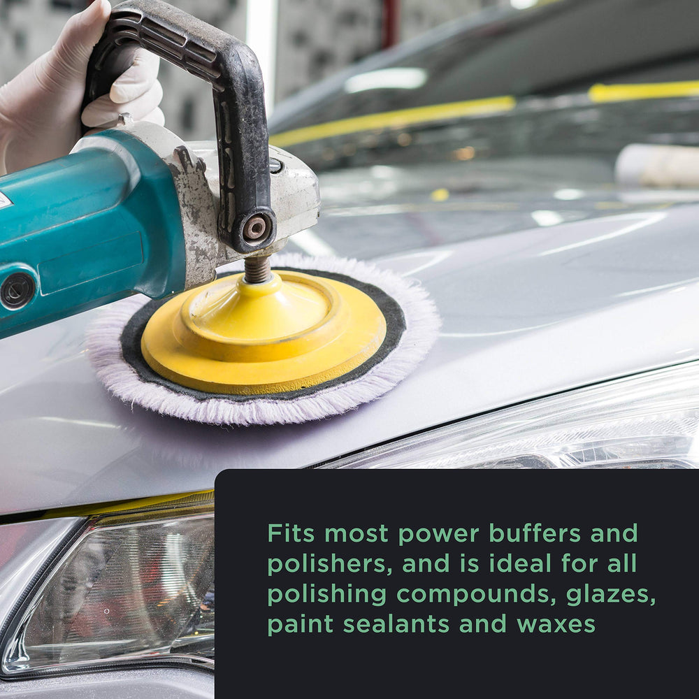 TCP Global wool buffing pad attached to a buffer with secure hook-and-loop mounting