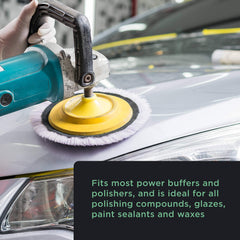 TCP Global wool buffing pad attached to a buffer with secure hook-and-loop mounting