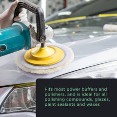 TCP Global Premium 7in wool buffing pad in action on a vehicle surface for smooth finish.