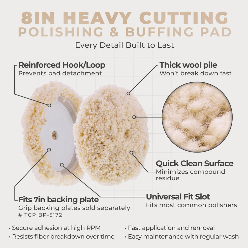 TCP Global wool buffing pad demonstrates heavy cutting capability for tough finishes.