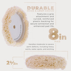 TCP Global 8-Inch wool buffing pad targets oxidized paint to restore gloss.