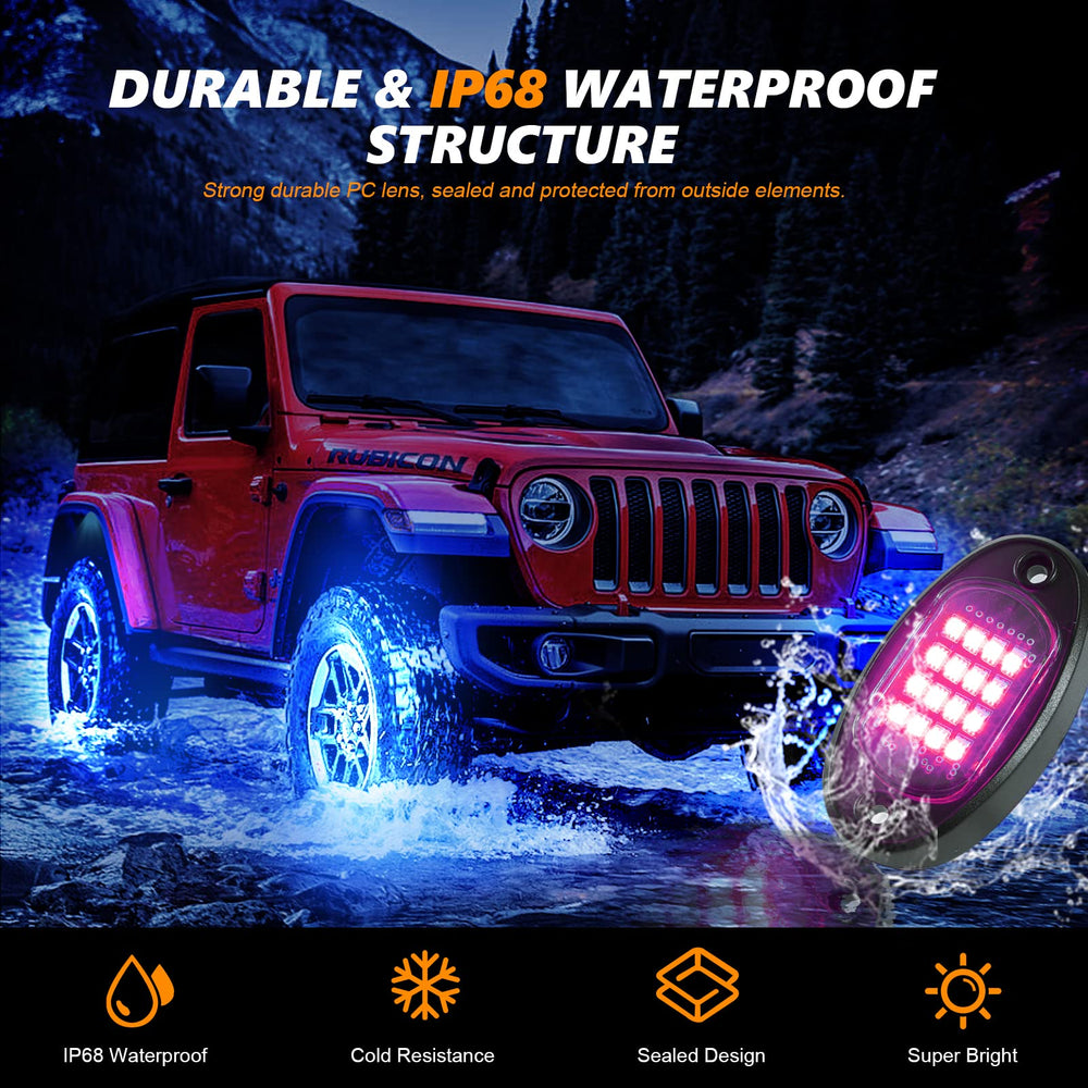 TDE Explorer.Lighting RGB LED rock light in action showing vivid multicolor ambience.