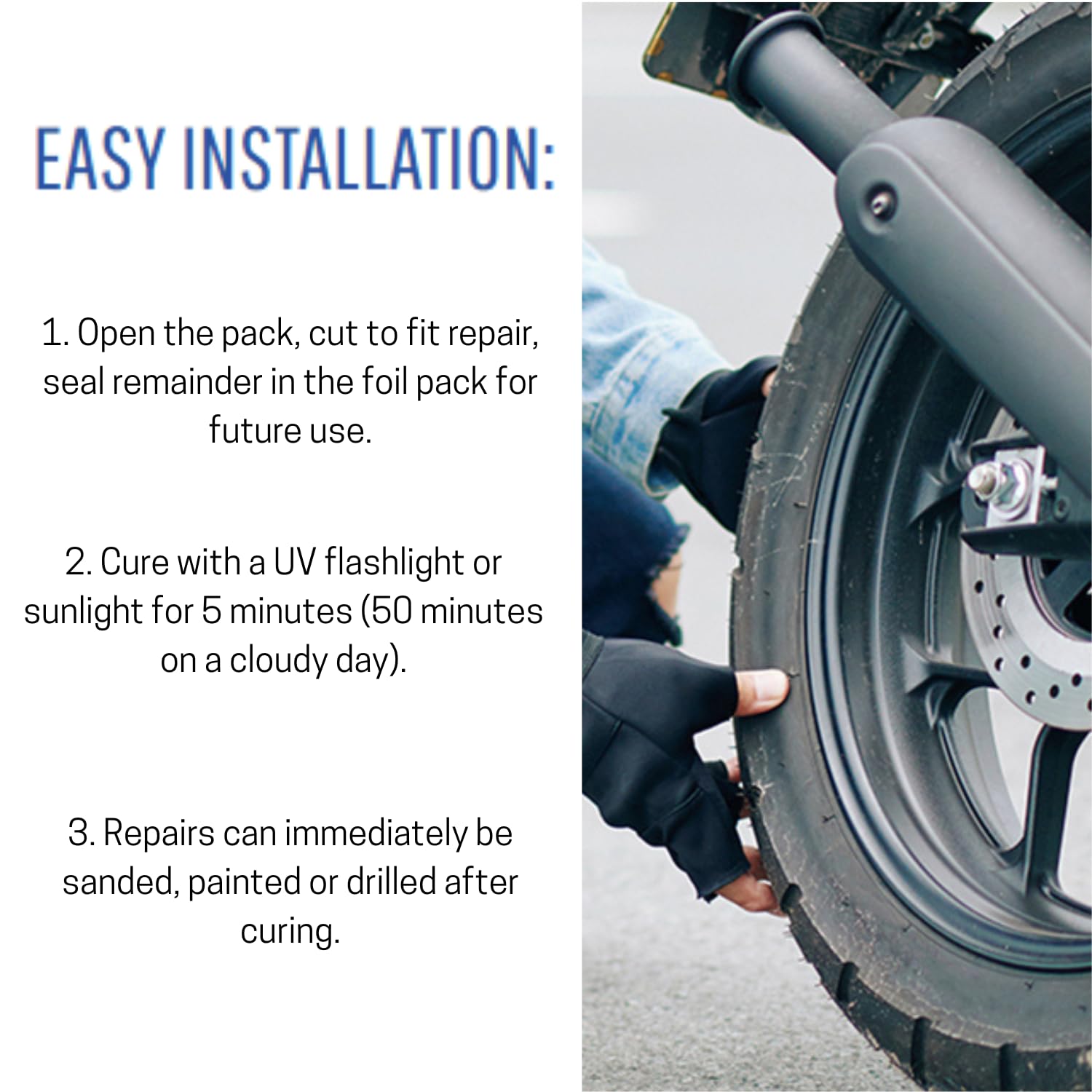 Tear Mender RapidFix UV fiber patch on bumper demonstrates durable exterior repair.