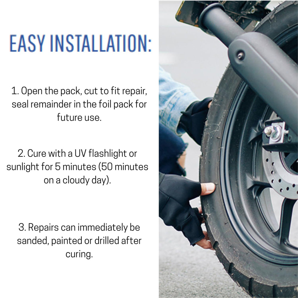 Tear Mender RapidFix UV fiber patch on bumper demonstrates durable exterior repair.