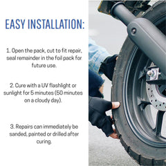 Tear Mender RapidFix UV fiber patch on bumper demonstrates durable exterior repair.