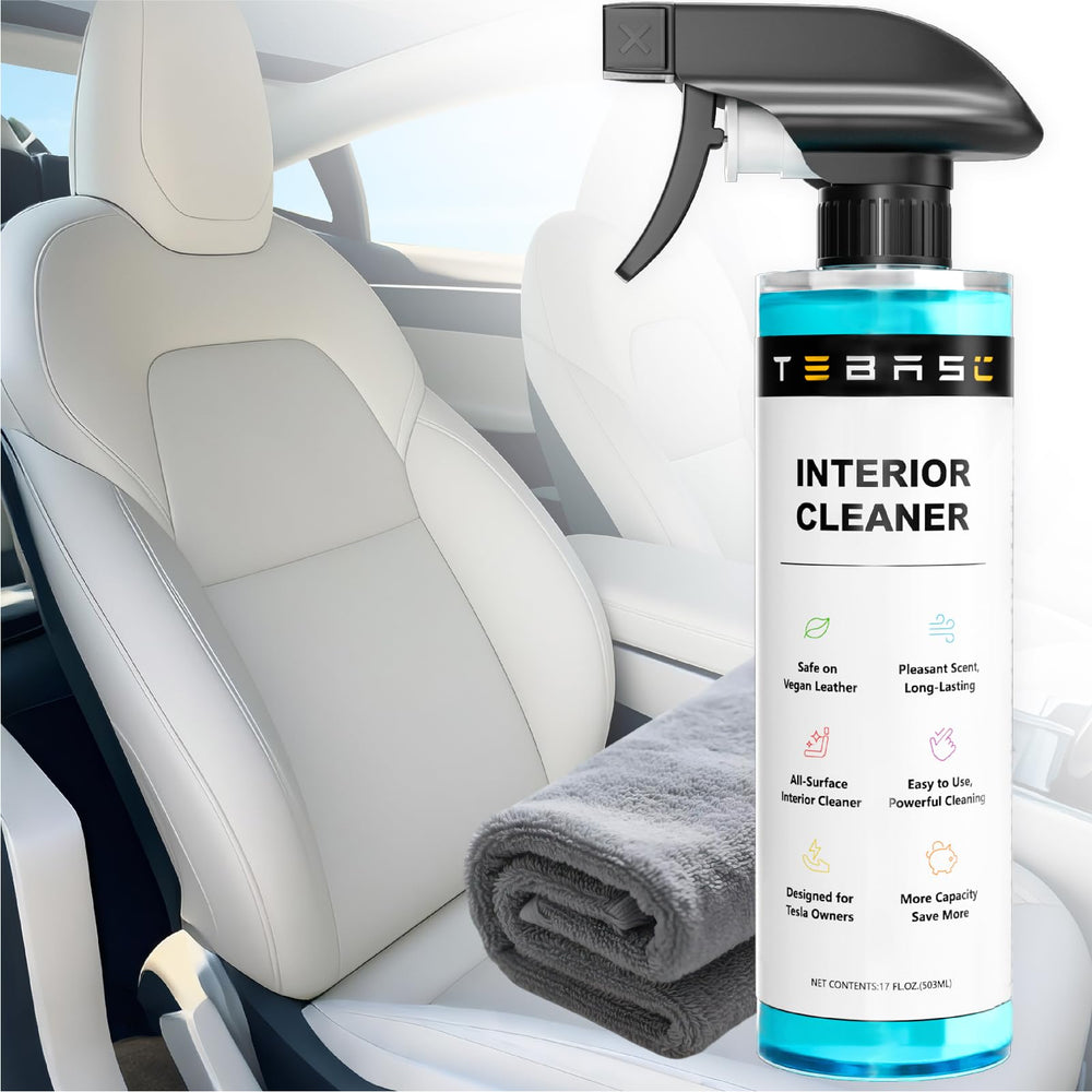 TEBASIC Tesla interior cleaner bottle in action on the dash, protecting white vegan leather.