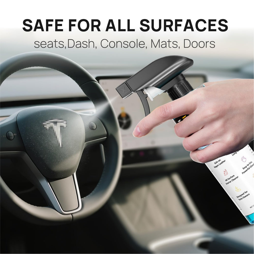 TEBASIC Tesla leather stain remover spray lifts blue jean dye from white vegan leather.