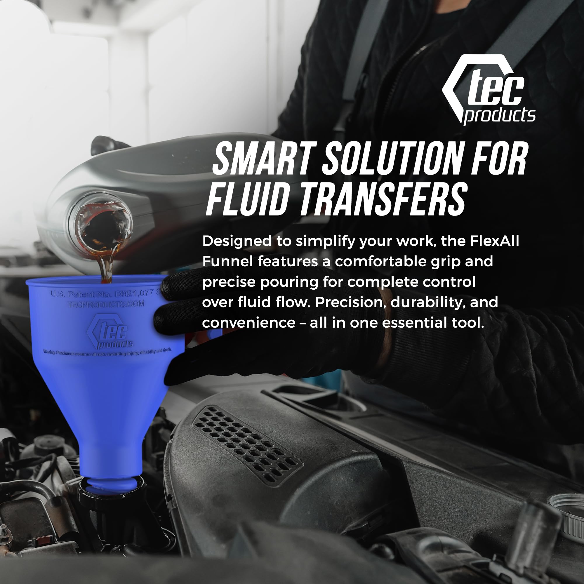 TEC Products FlexAll blue oil funnel provides durable performance across maintenance sessions.