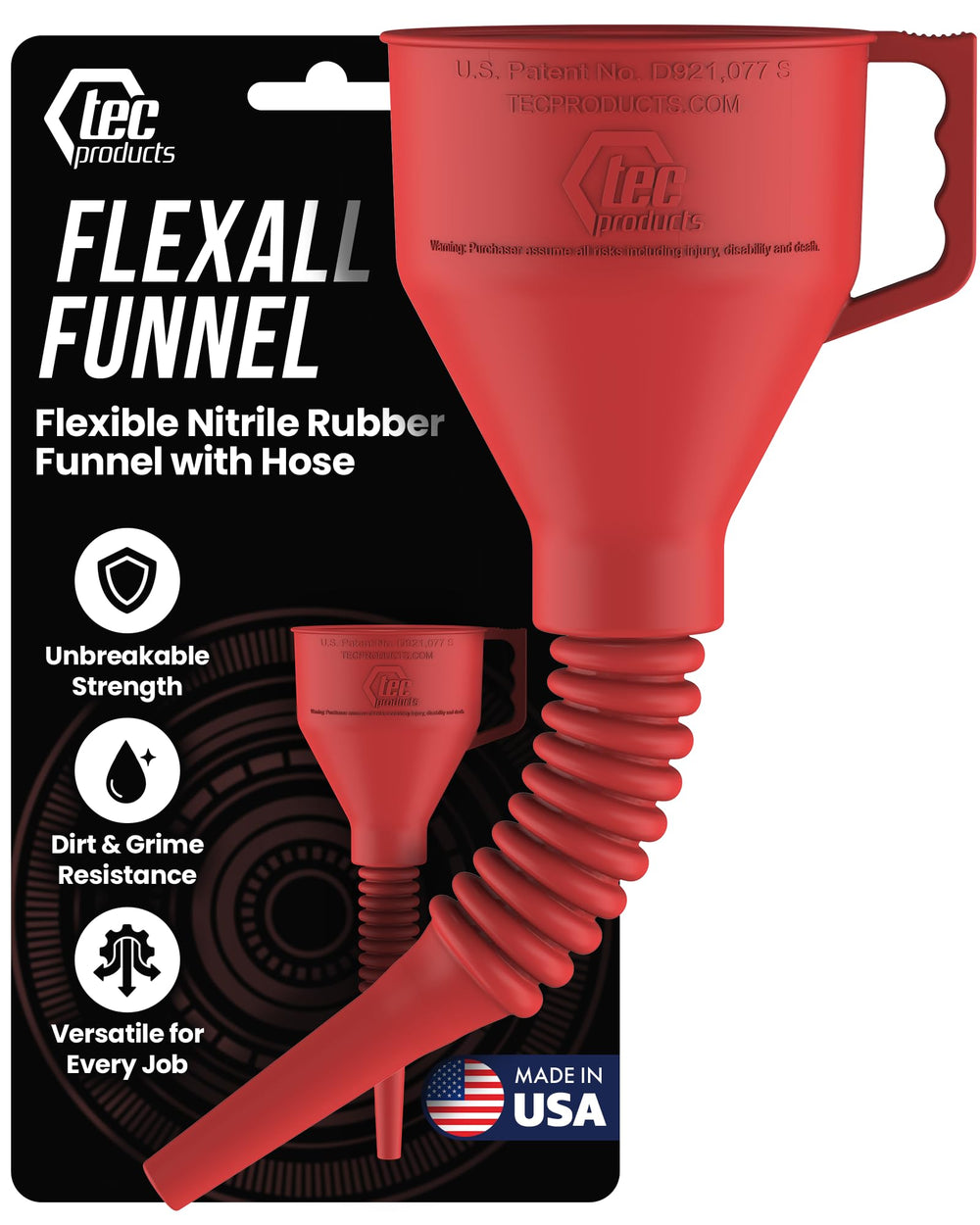 TEC Products FlexAll oil funnel with hose for spill-free oil changes.