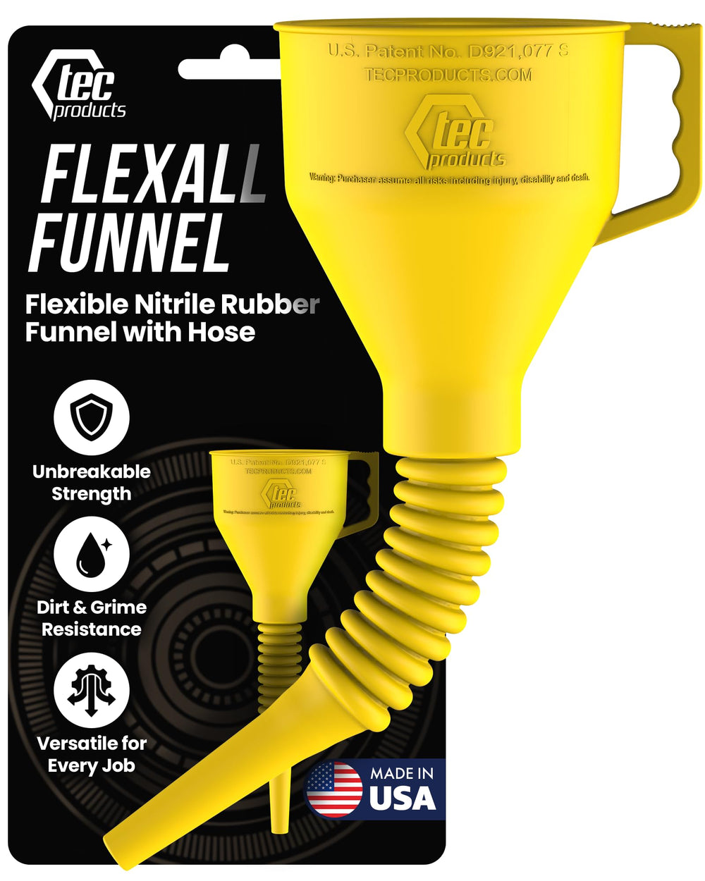 TEC Products FlexAll long funnel mouth 5in opening for easy engine oil pouring.