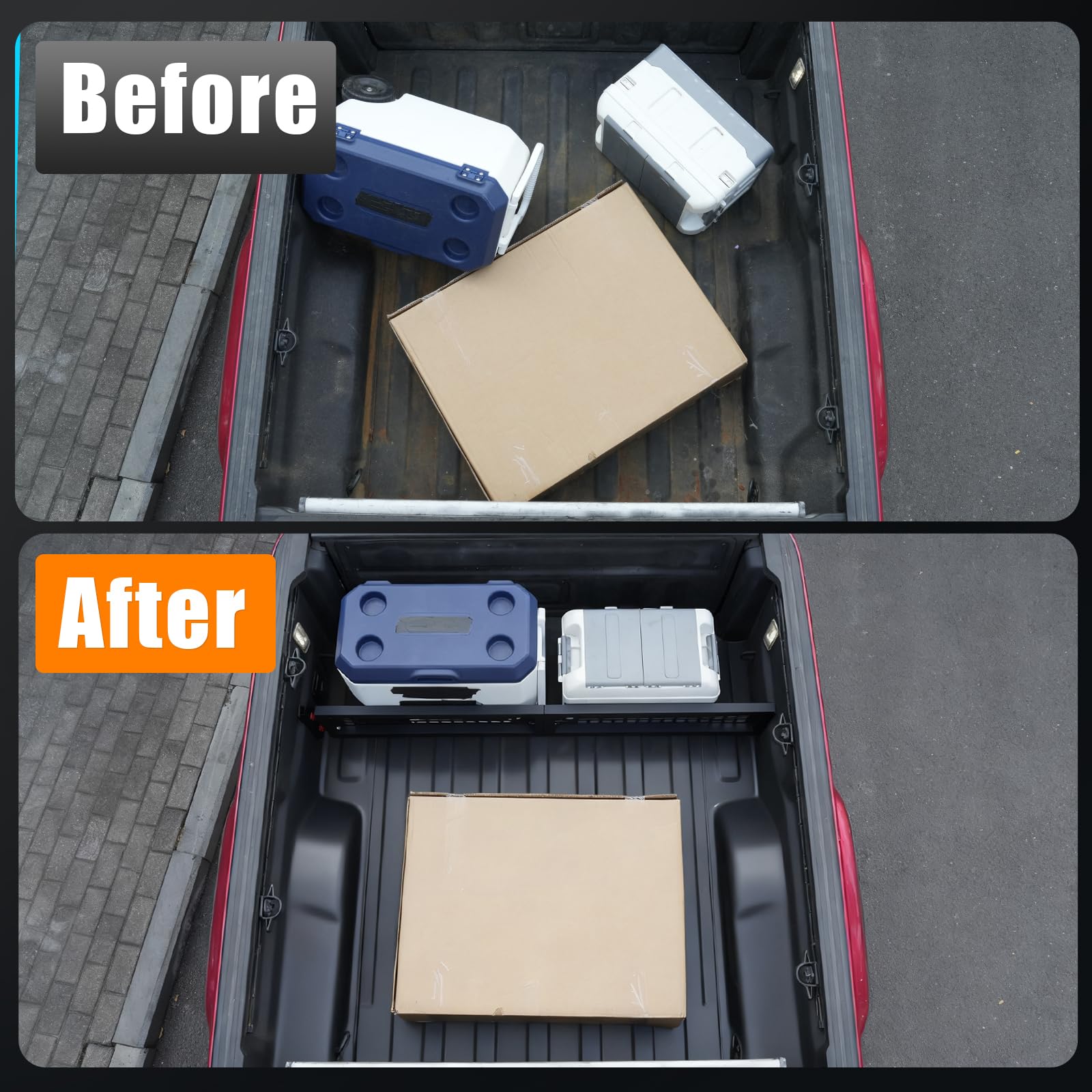 Tecbaba divider creates separate cargo sections for secure organization in the Gladiator bed.