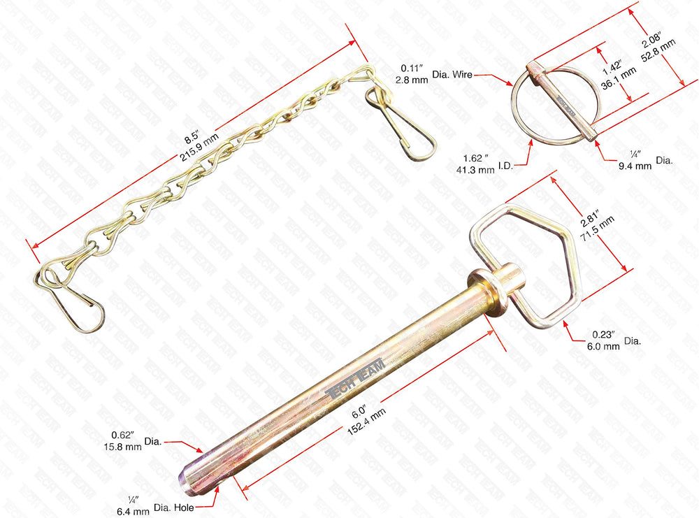 Tech Team assembly includes pin, chain, and linchpin for versatile mounting.