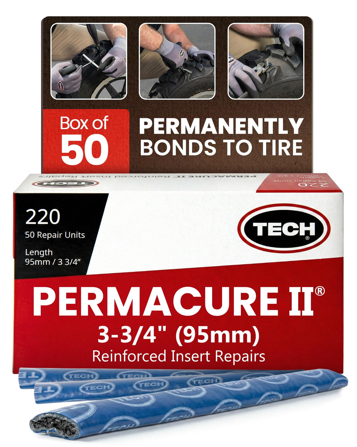TECH Tire Repairs Permacure II inserts packaged for quick roadside use.