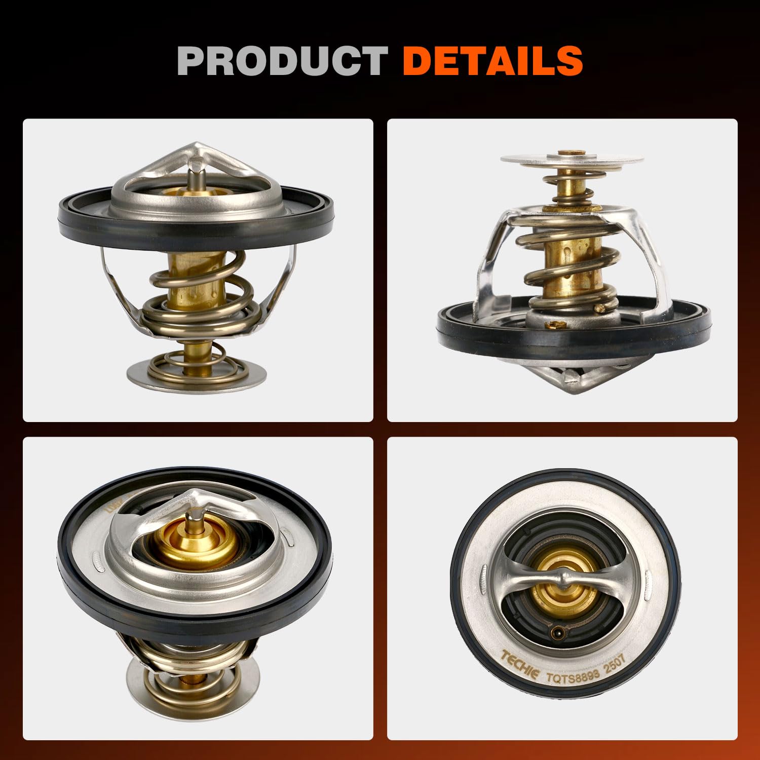 Techie Engine Thermostat packaging label with clear OE references for compatibility verification.