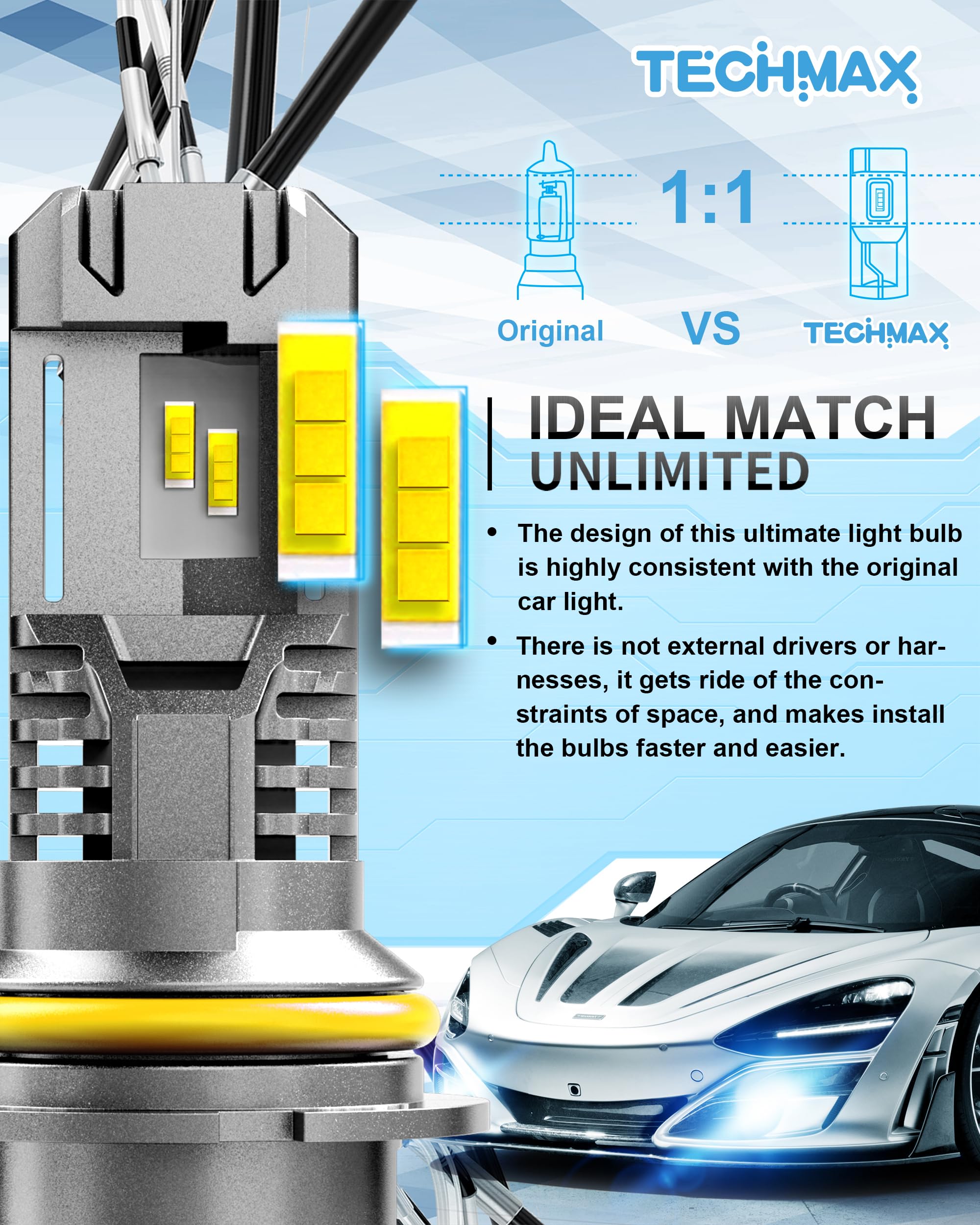 TECHMAX 9007 Fog light wide beam enhances road visibility.