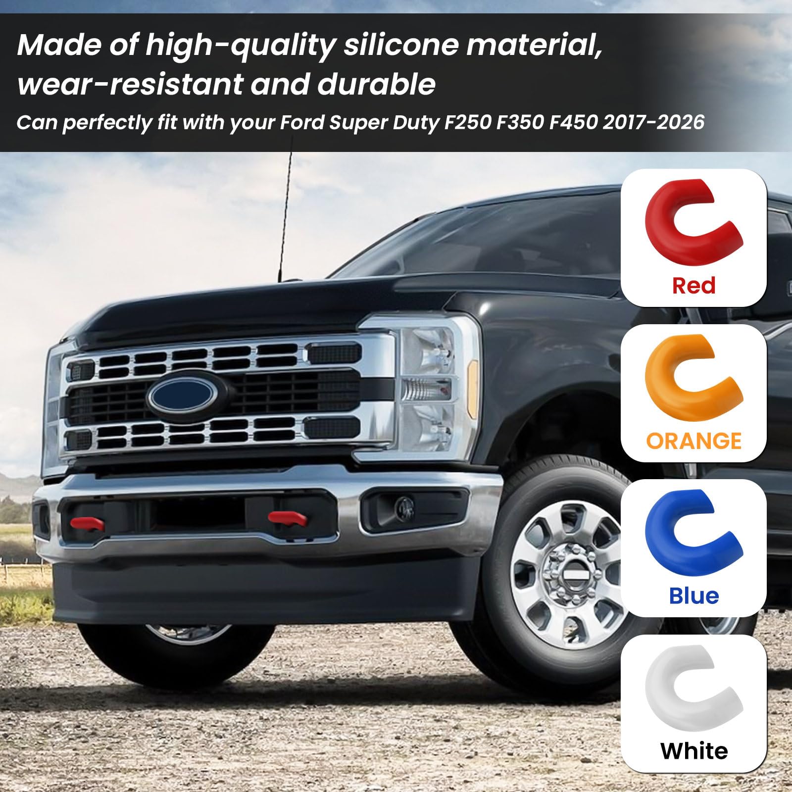 TECHPICCO custom red tow hooks cover adds personalized style to Ford Super Duty.