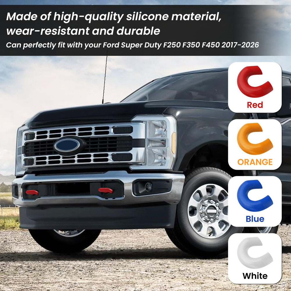 TECHPICCO custom red tow hooks cover adds personalized style to Ford Super Duty.