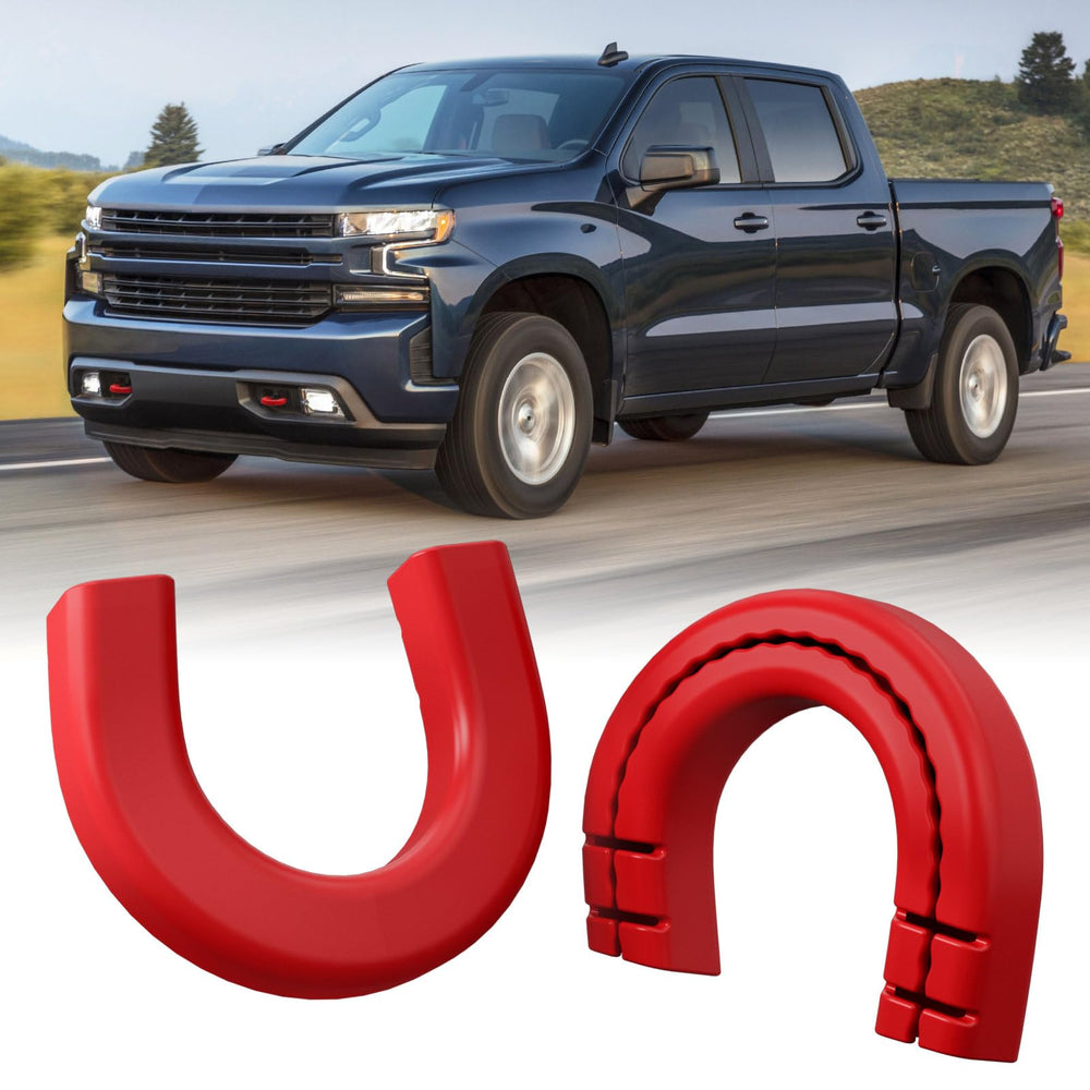 TechPicco extended tow hook covers installed on Silverado 1500 front