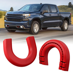 TechPicco extended tow hook covers installed on Silverado 1500 front