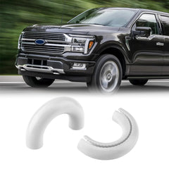 TechPicco tow hook cover on F-150 in white, front view, adds protection and style.