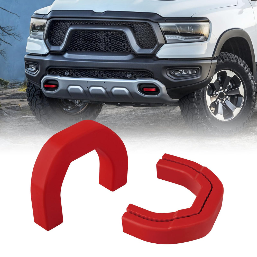 TECHPICCO front tow hook covers for RAM 1500 red, protecting hooks from debris.