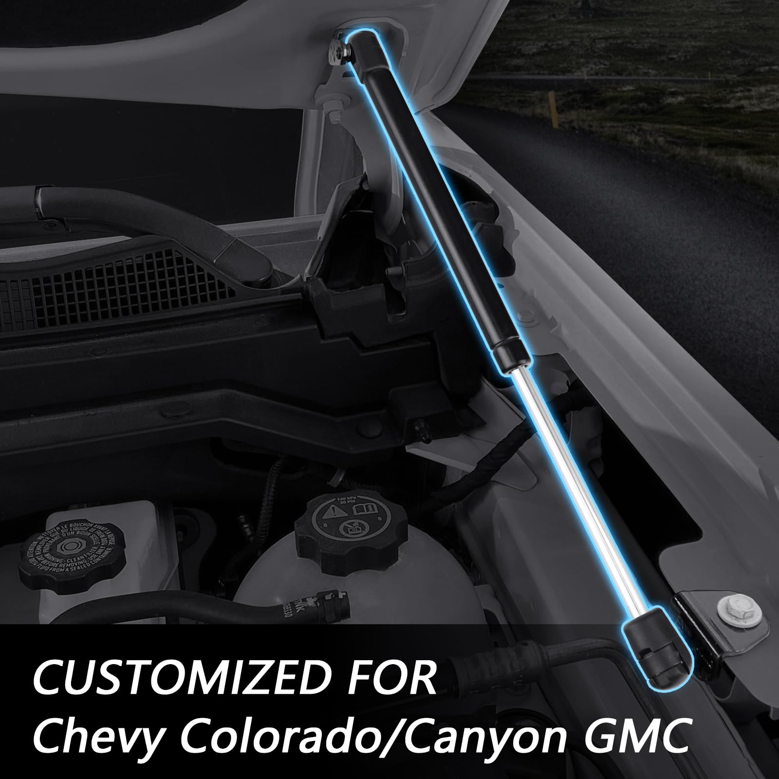 TECHPICCO hood struts with Colorado bracket mounts show bolt-on simplicity.