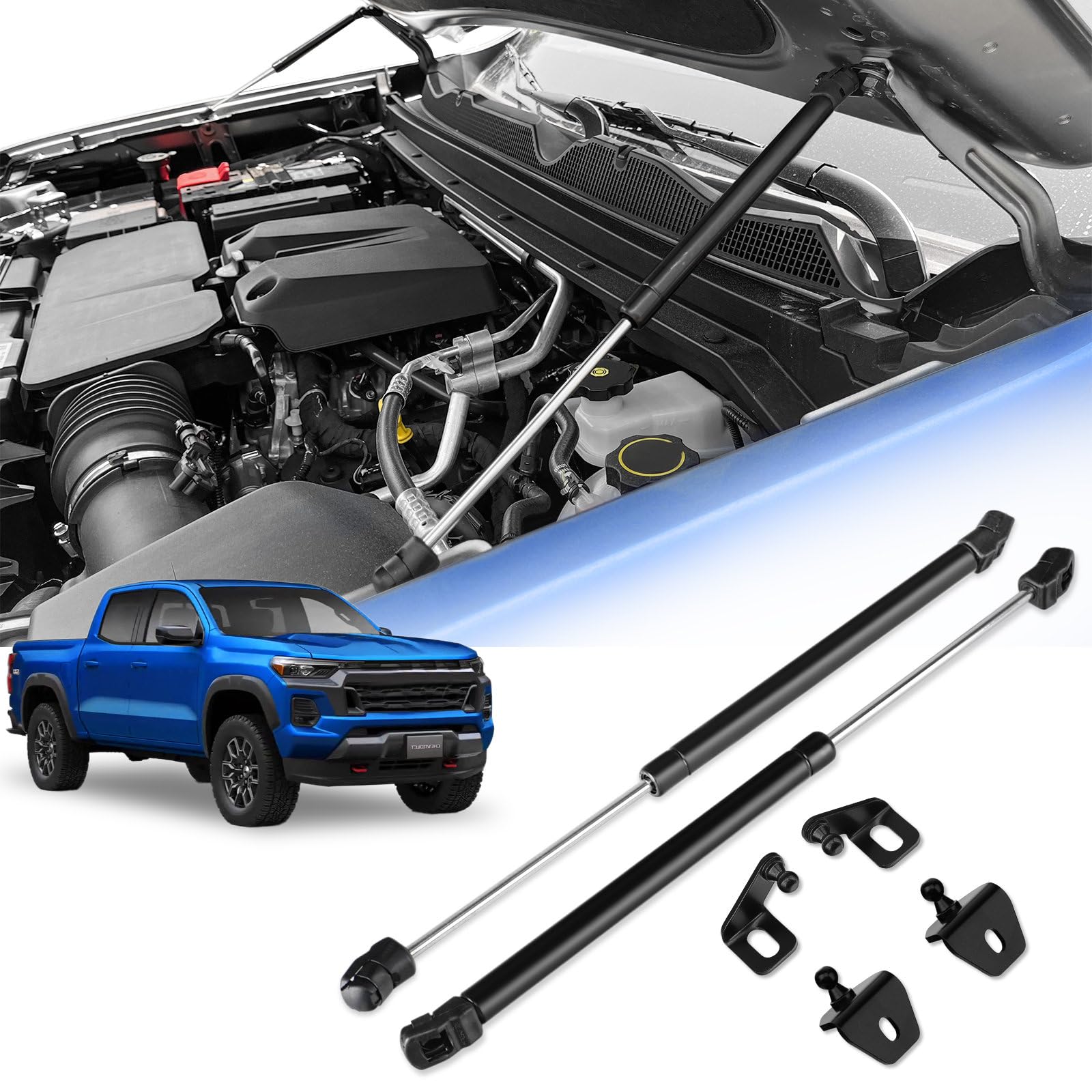 TECHPICCO hood struts front view on Chevy Colorado for easier hood access.