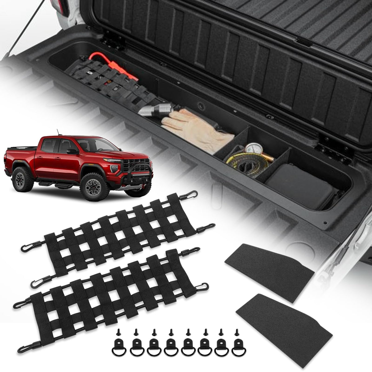 TECHPICCO tailgate organizer kit installed in Colorado/Canyon, keeping tools organized and accessible