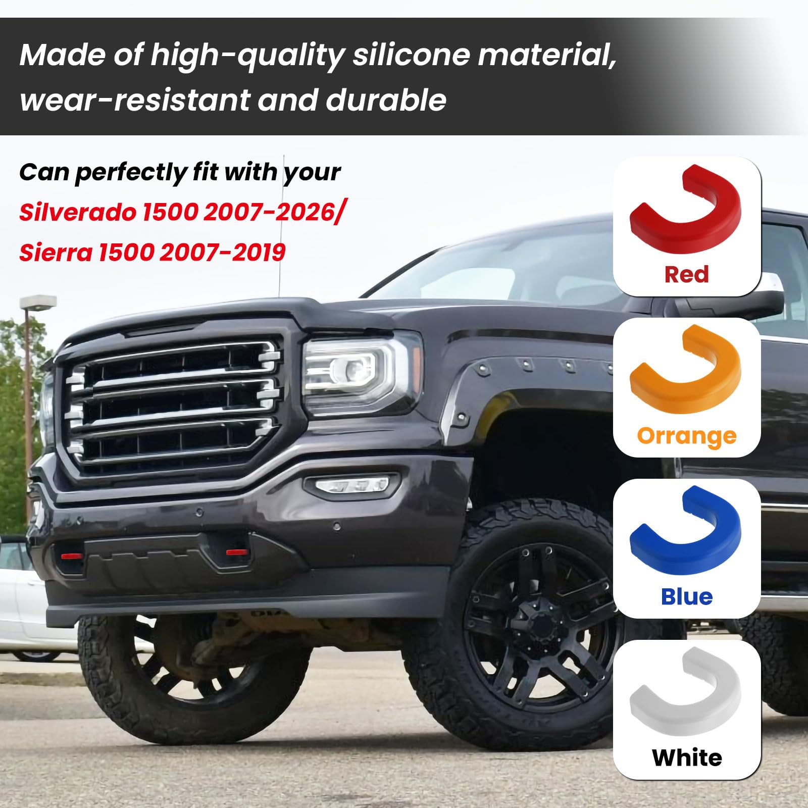 Red TechPicco tow hook cover fitted to Silverado front bumper