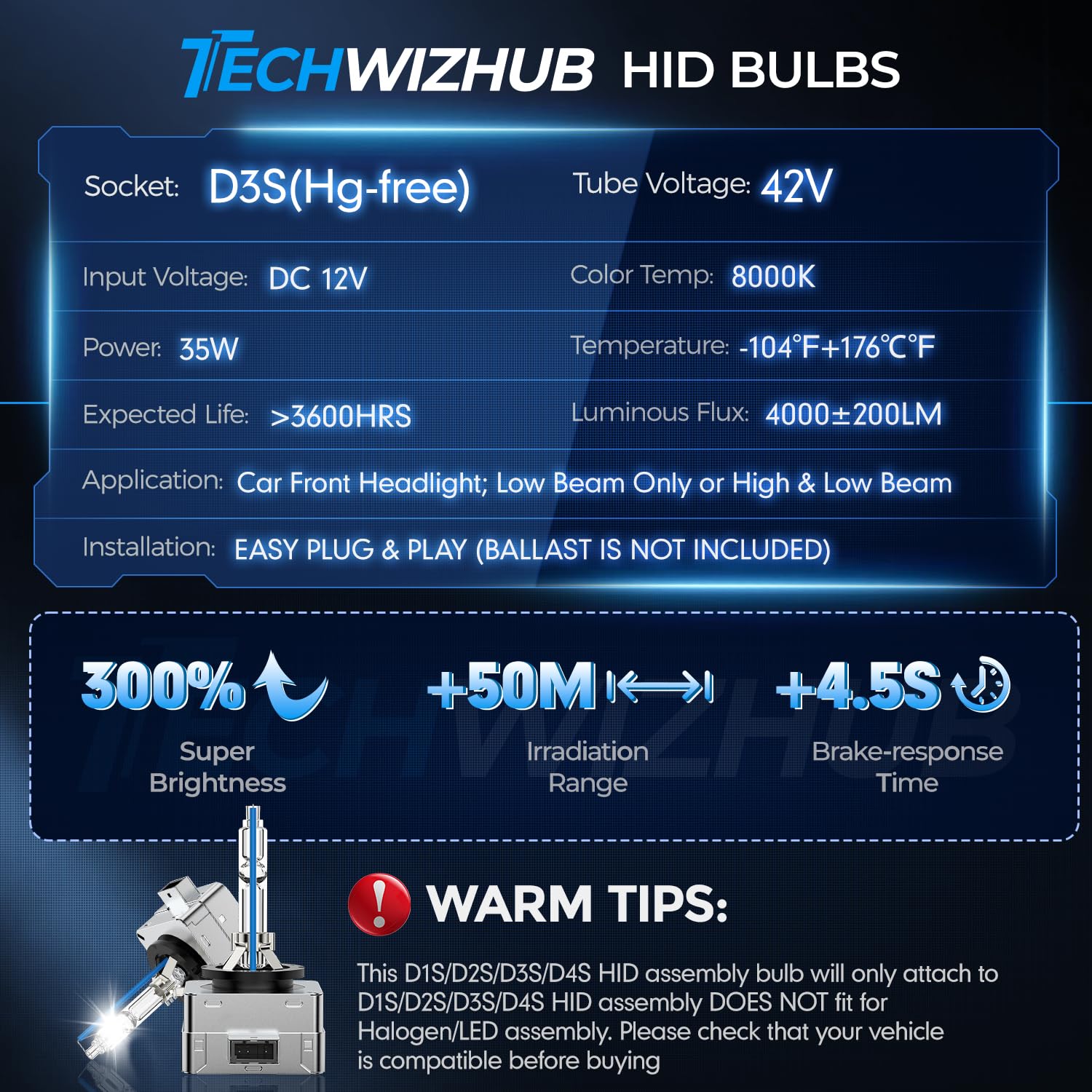 TechWizHub D3S HID bulb is a 1:1 OEM replacement for easy install
