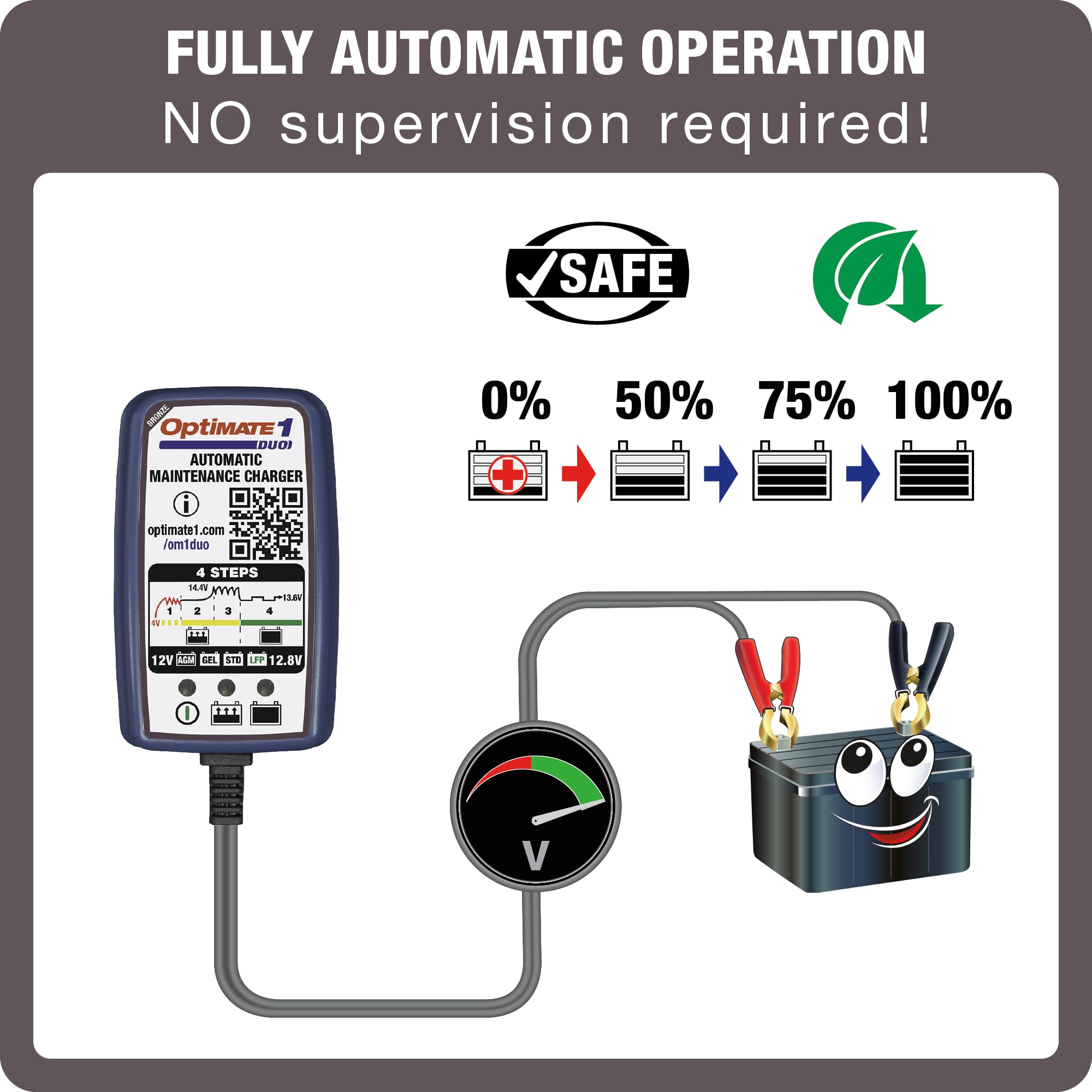 Tecmate OptiMate 1 Duo battery clips demonstrate secure connections for safe charging