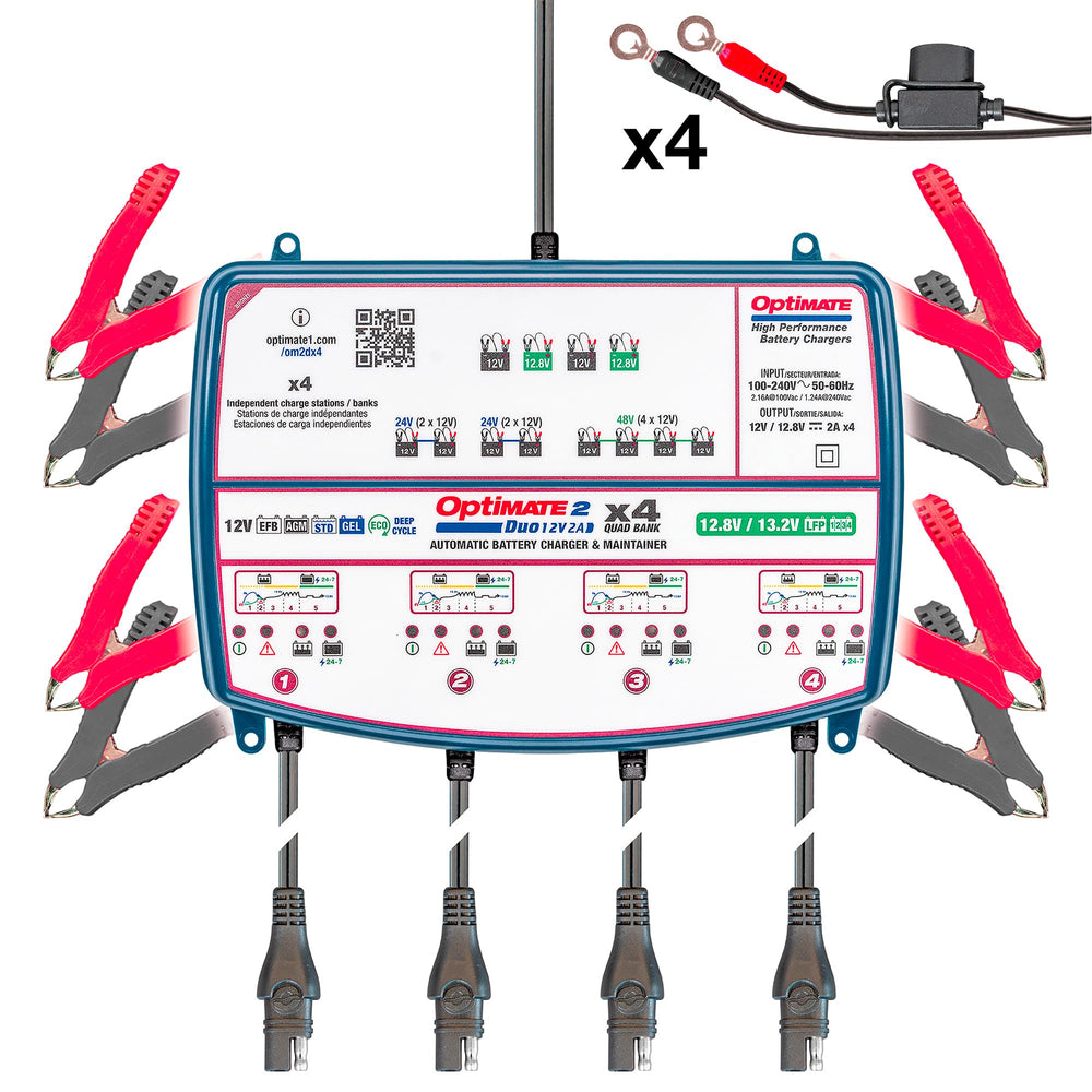Tecmate OptiMate 2 Duo four-battery bank keeps independent charging and maintenance ready.