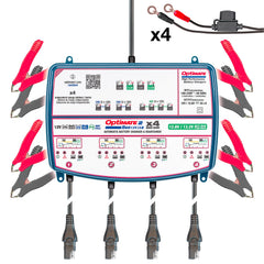 Tecmate OptiMate 2 Duo four-battery bank keeps independent charging and maintenance ready.