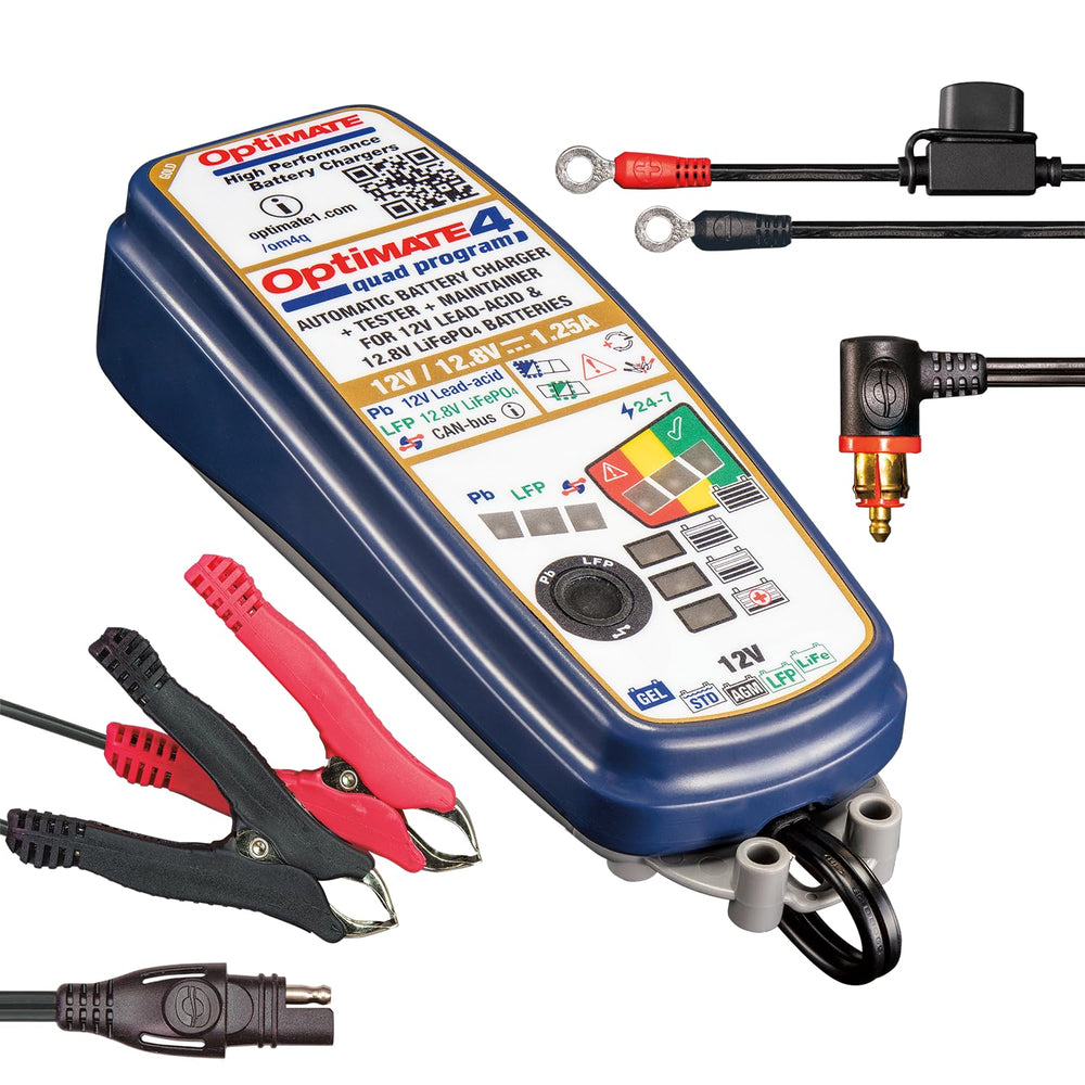 Tecmate OptiMate 4 Quad Program front view, compact charger for bike maintenance.