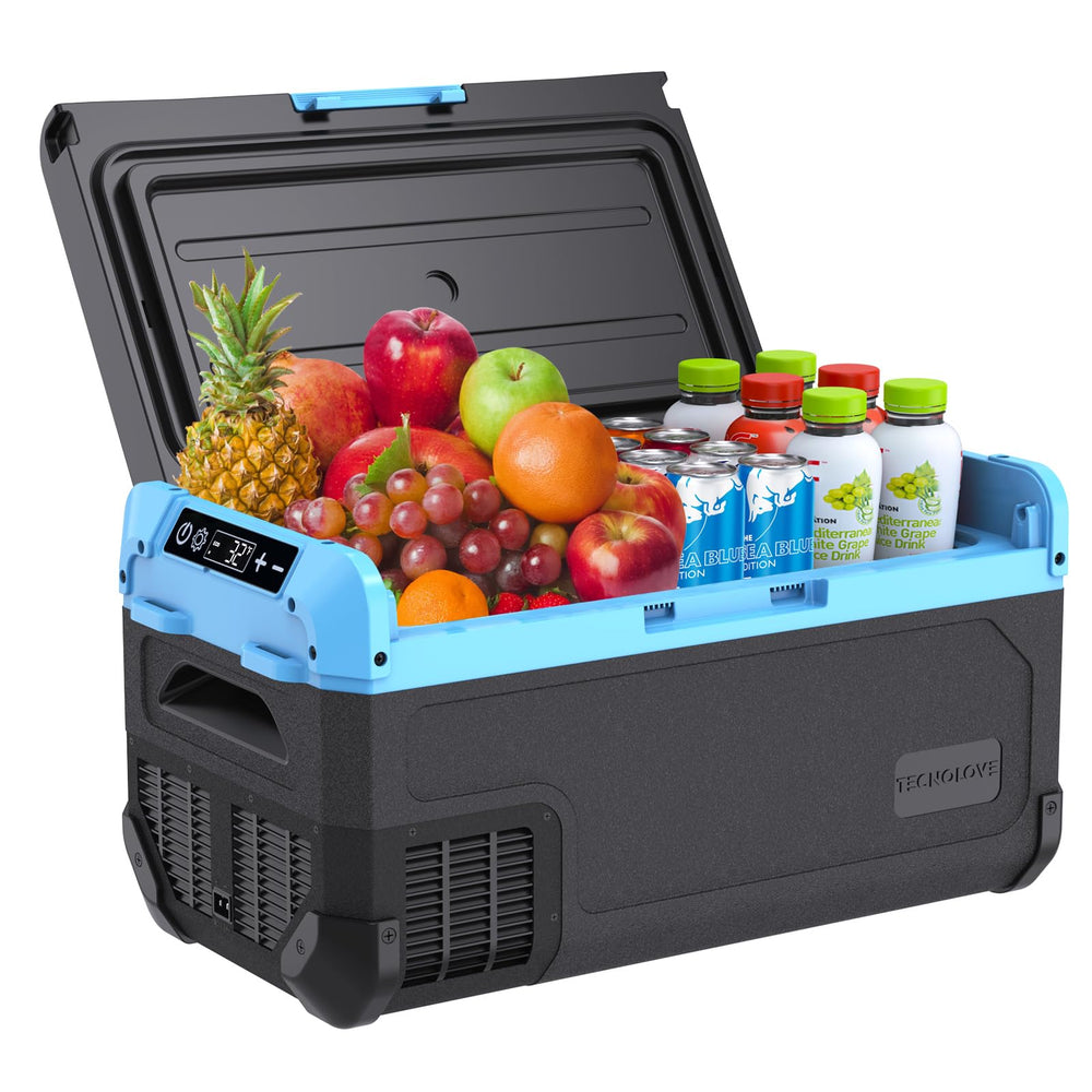 Tecnolove 30L car fridge front view in ice-blue finish for on-the-go cooling