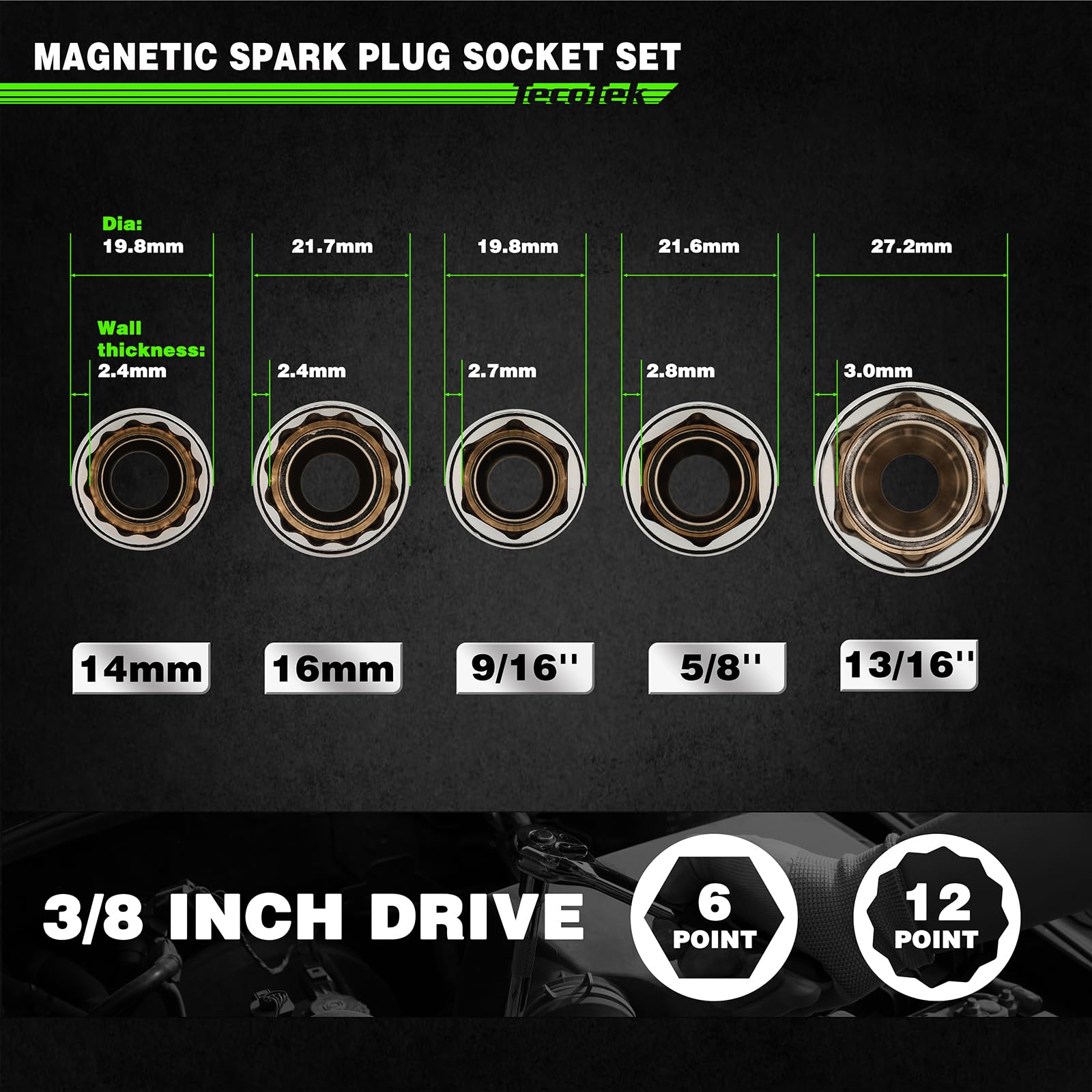 TecoTek 12-point spark plug socket compatible with varied plug sizes