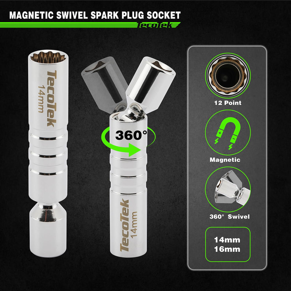 TecoTek 6-point spark plug socket securely grips hex nuts.