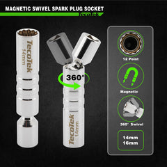 TecoTek 6-point spark plug socket securely grips hex nuts.