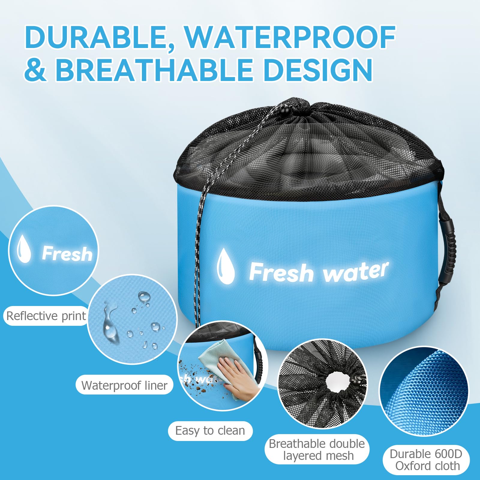 Tecreddy RV hose storage blue bag material highlights durable 600D Oxford construction