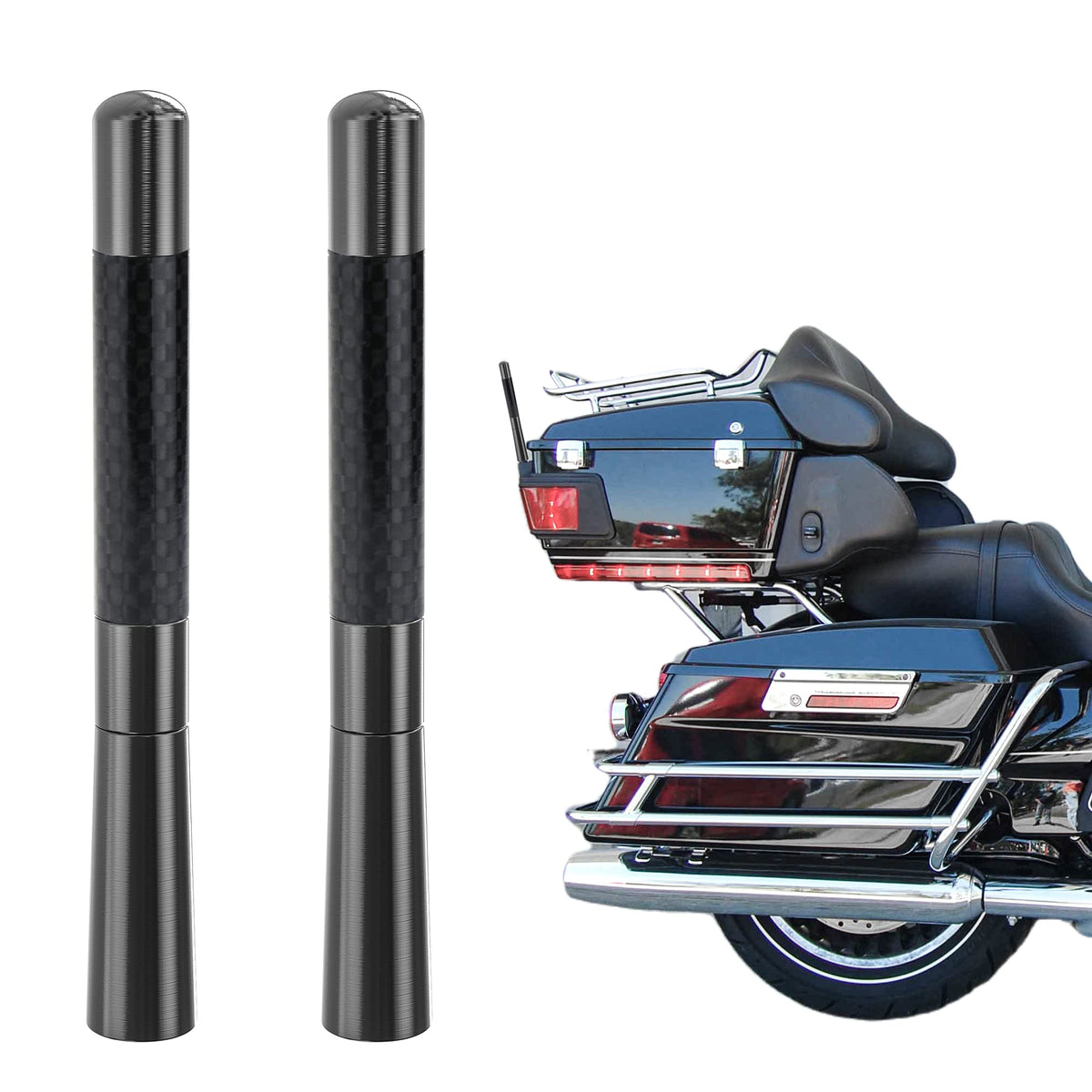 Tecreddy short antenna close-up with carbon fiber finish for rugged Harley rides.