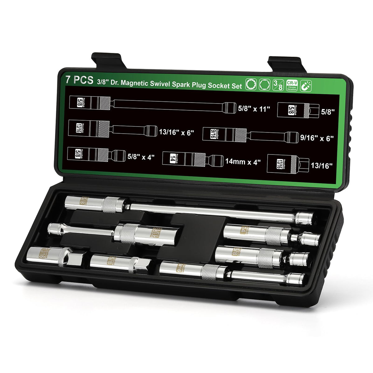 TecoTek seven piece 3/8 drive magnetic spark plug socket set with swivel head