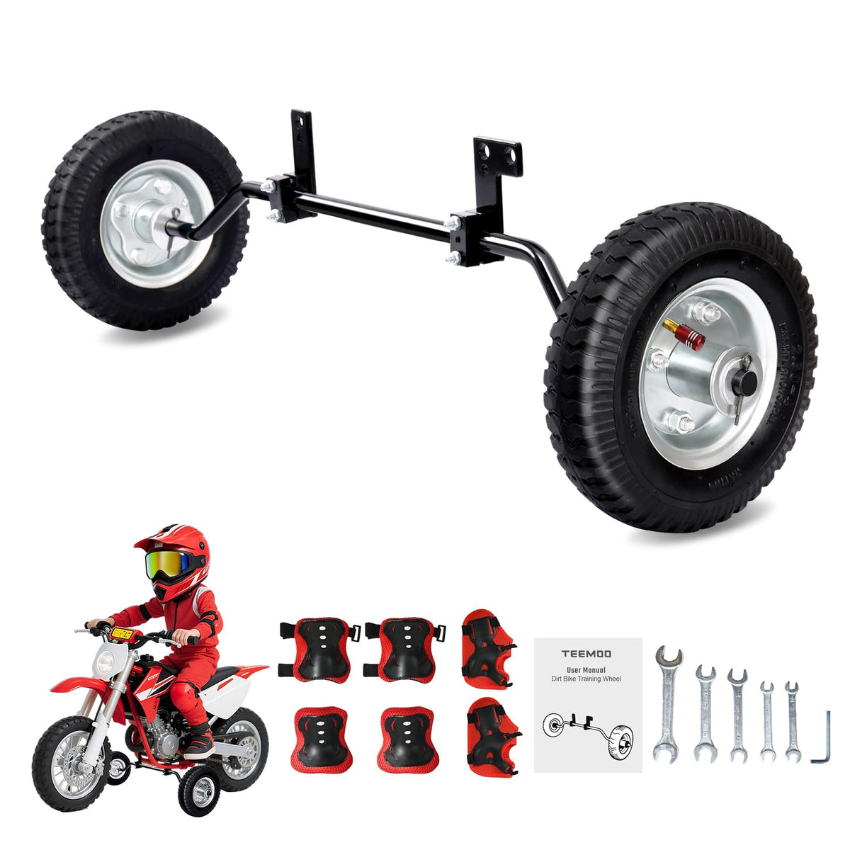 TEEMOO dirt bike training wheels on a 50cc bike for beginner-friendly setup.